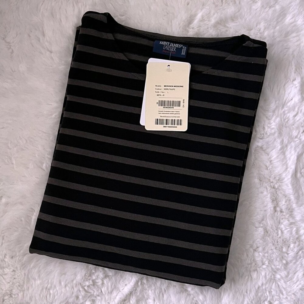 NWT - Saint James Meridien Stripe Unisex T-shirt - Noir/Taupe⚓ - Picture 5 of 5